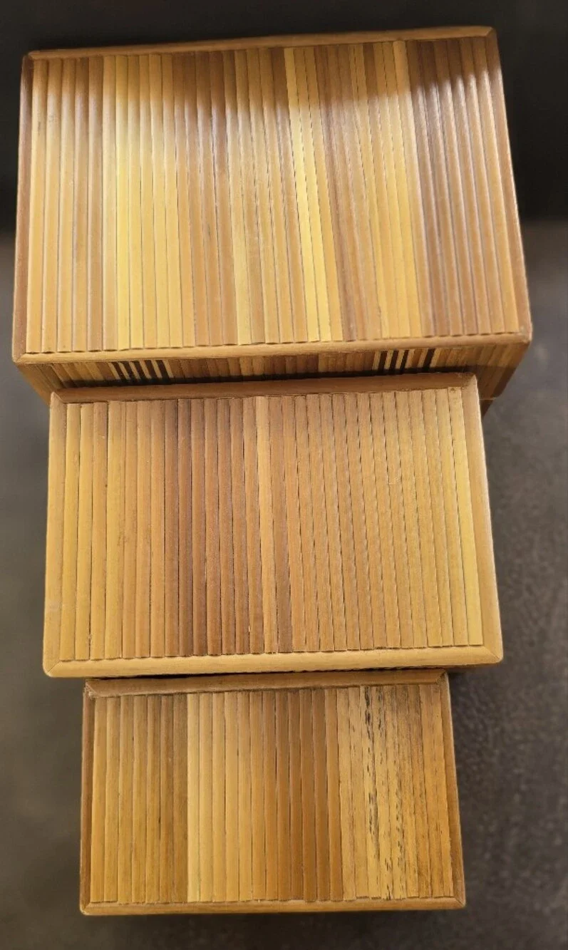 Vintage Mid-Century Modern MCM stackable nesting bamboo oyster shell pyrography